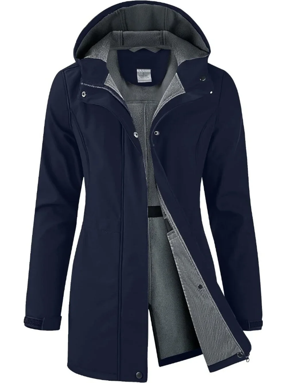 Women's Navy Hooded Fleece Lined Waterproof Hiking Softshell Long Rain Jacket